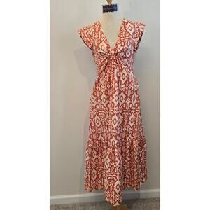 BB DAKOTA Orange Printed Short Sleeve Plunge Neckline Midi Dress Sz M (0956)